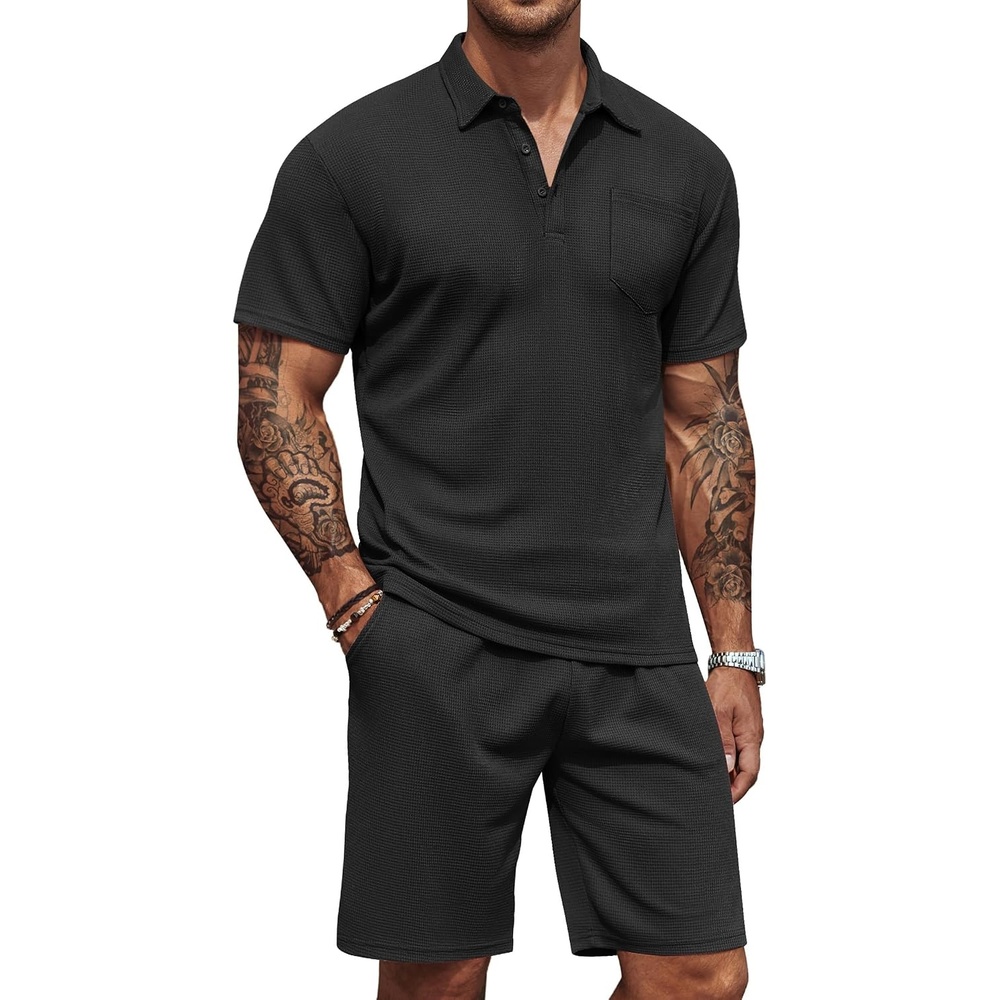 image:imageCOOFANDY Mens 2 Pieces Outfits Waffle Knit Polo Shirt and Shorts SetBlack