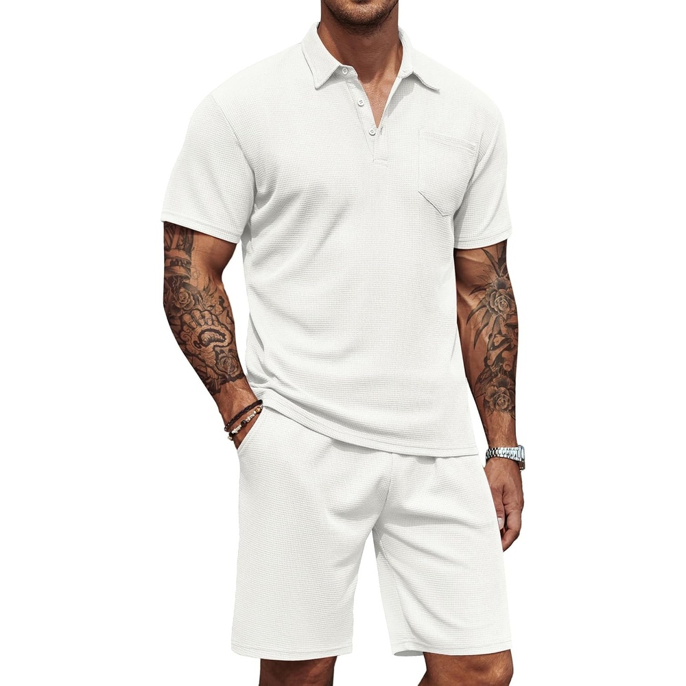image:imageCOOFANDY Mens 2 Pieces Outfits Waffle Knit Polo Shirt and Shorts SetWhite