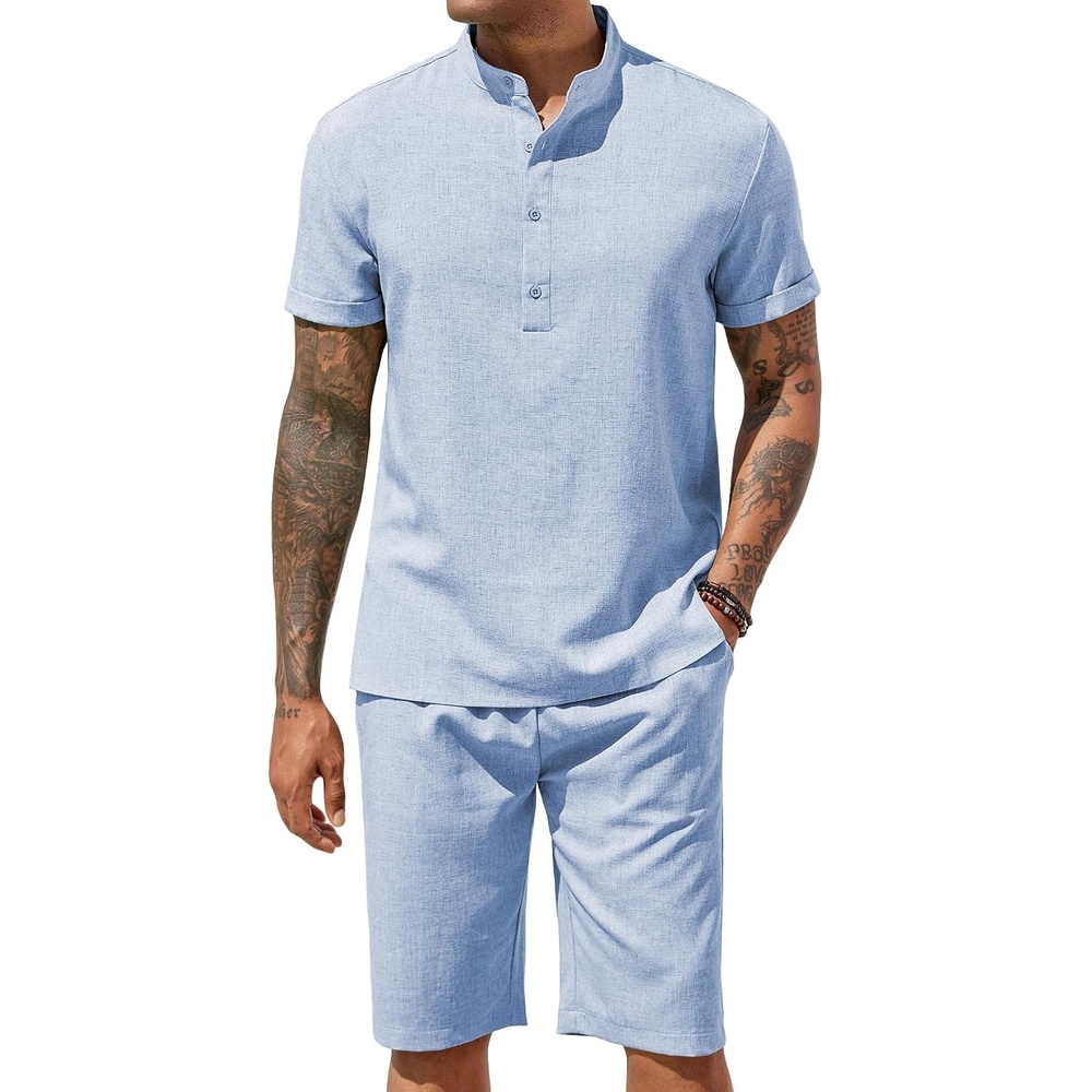 image:imageCOOFANDY Mens 2 Pieces Set Short Sleeve Henley Shirts and Shorts Set Texture Summer Beach Vacation OutfitsAflecking Blue