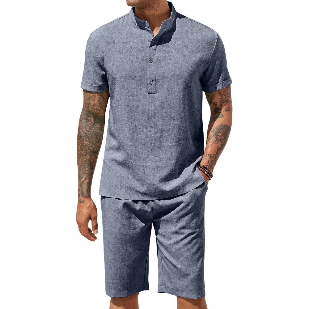 image:imageCOOFANDY Mens 2 Pieces Set Short Sleeve Henley Shirts and Shorts Set Texture Summer Beach Vacation OutfitsFlecking Navy Blue