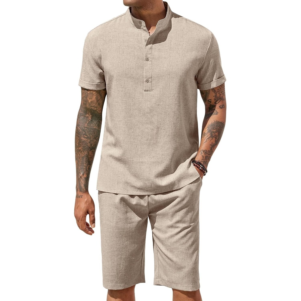 image:imageCOOFANDY Mens 2 Pieces Set Short Sleeve Henley Shirts and Shorts Set Texture Summer Beach Vacation OutfitsKhaki