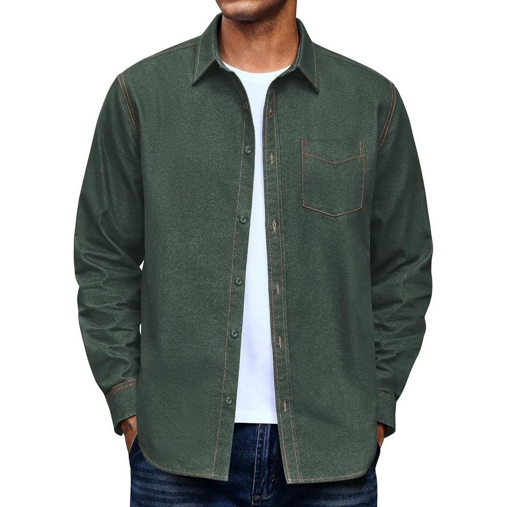image:imageCOOFANDY Mens Denim Shirt Long Sleeve Button Down Casual Jean Shacket with PocketArmy Green