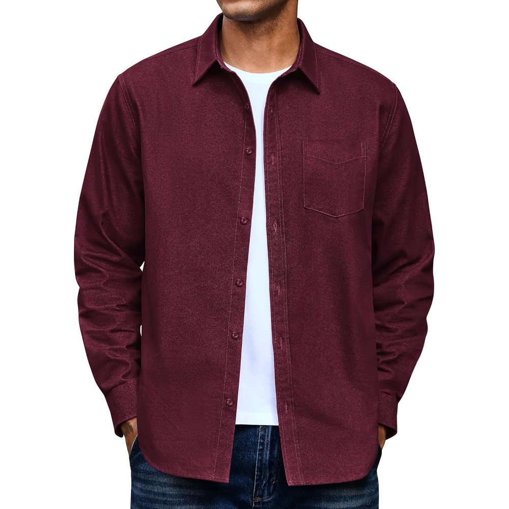 image:imageCOOFANDY Mens Denim Shirt Long Sleeve Button Down Casual Jean Shacket with PocketDark Red