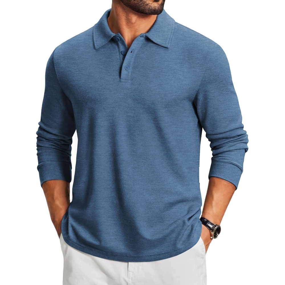 image:imageCOOFANDY Mens Knit Polo Shirt Long Sleeve Polo Sweaters Casual Golf ShirtsSea Blue