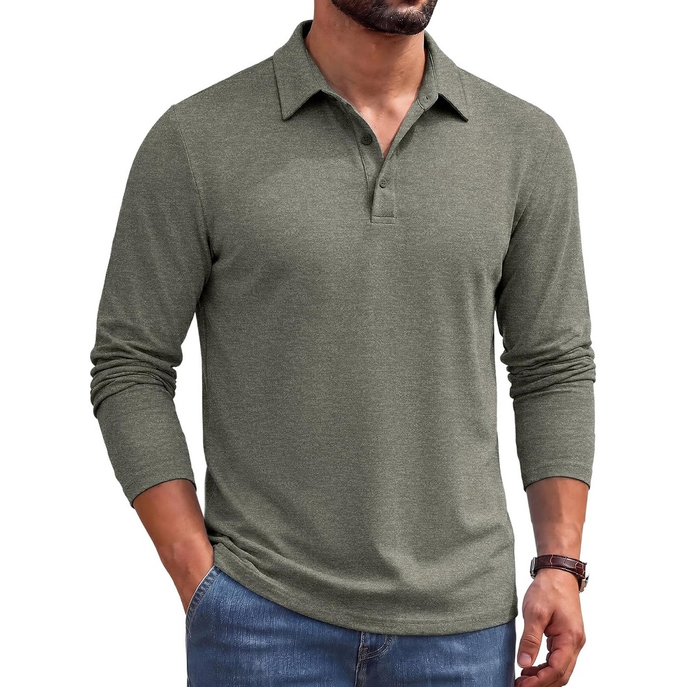 image:imageCOOFANDY Mens Long Sleeve Polo Shirts Casual Basic Lightweight Button TeeArmy Green