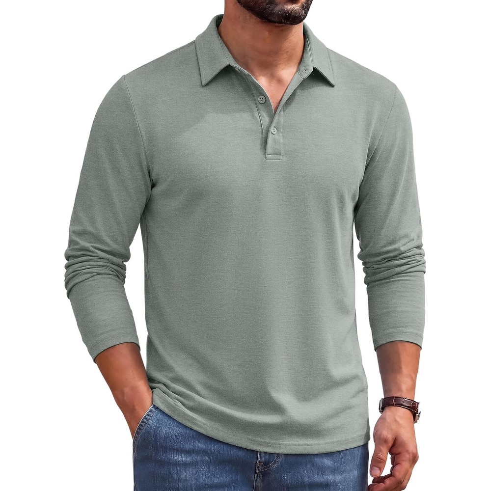 image:imageCOOFANDY Mens Long Sleeve Polo Shirts Casual Basic Lightweight Button TeeSage Green