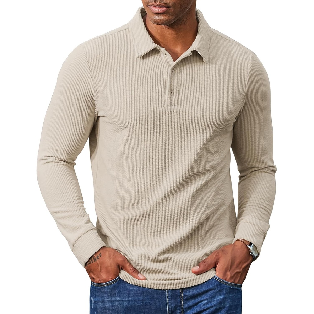 image:imageCOOFANDY Mens Long Sleeve Polo Shirts Casual Corduroy Polo TeeCream
