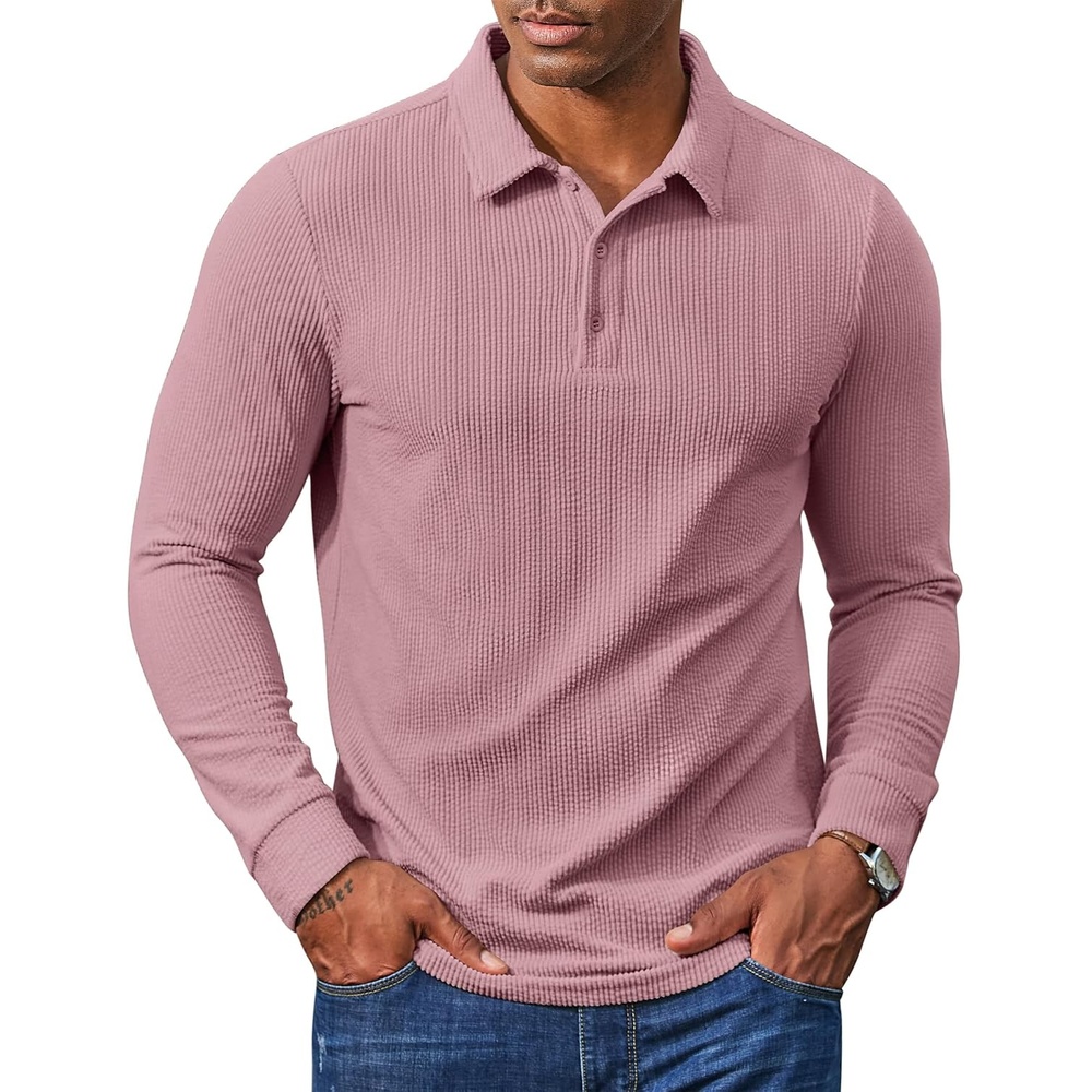 image:imageCOOFANDY Mens Long Sleeve Polo Shirts Casual Corduroy Polo TeeDusty Pink