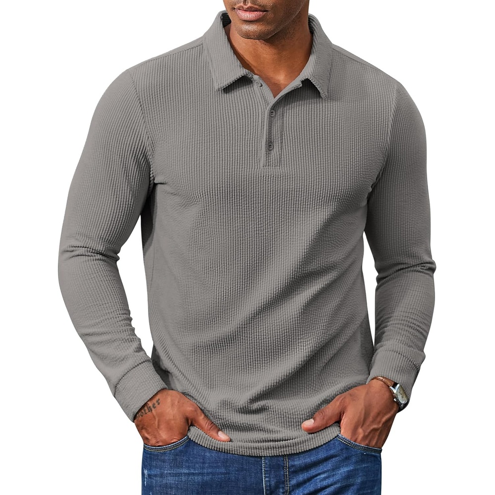 image:imageCOOFANDY Mens Long Sleeve Polo Shirts Casual Corduroy Polo TeeLight Grey