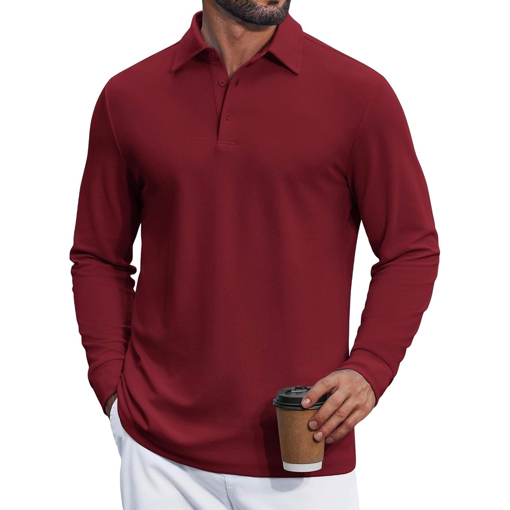 image:imageCOOFANDY Mens Long Sleeve Polo Shirts Classic Cotton Pique Polo ShirtsDark Red