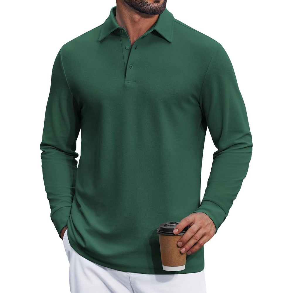 image:imageCOOFANDY Mens Long Sleeve Polo Shirts Classic Cotton Pique Polo ShirtsGreen