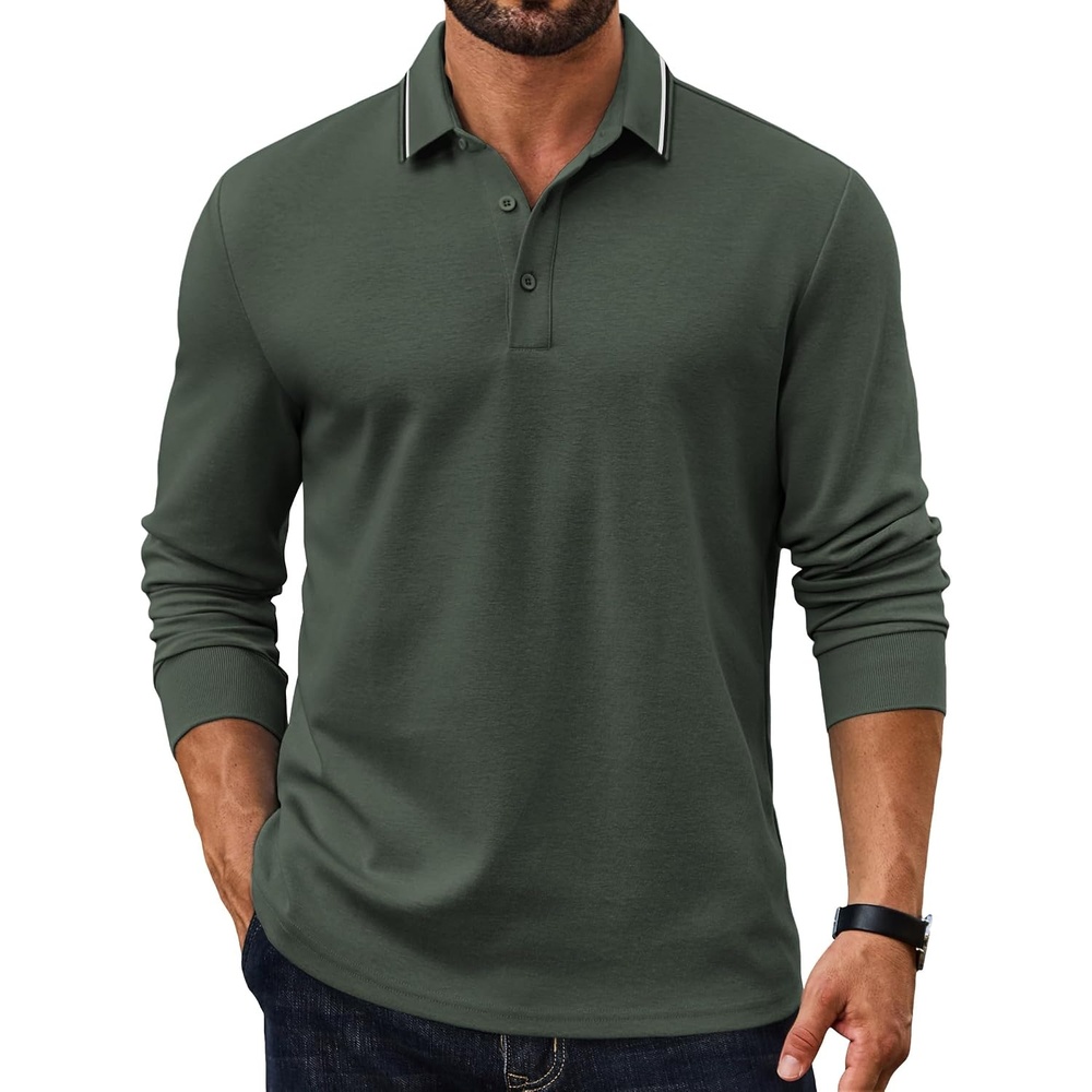 image:imageCOOFANDY Mens Long Sleeve Polo Shirts Cotton Casual Polos Button Tee ShirtArmy Green