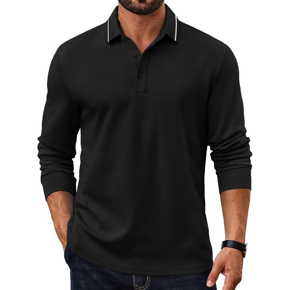 image:imageCOOFANDY Mens Long Sleeve Polo Shirts Cotton Casual Polos Button Tee ShirtBlack