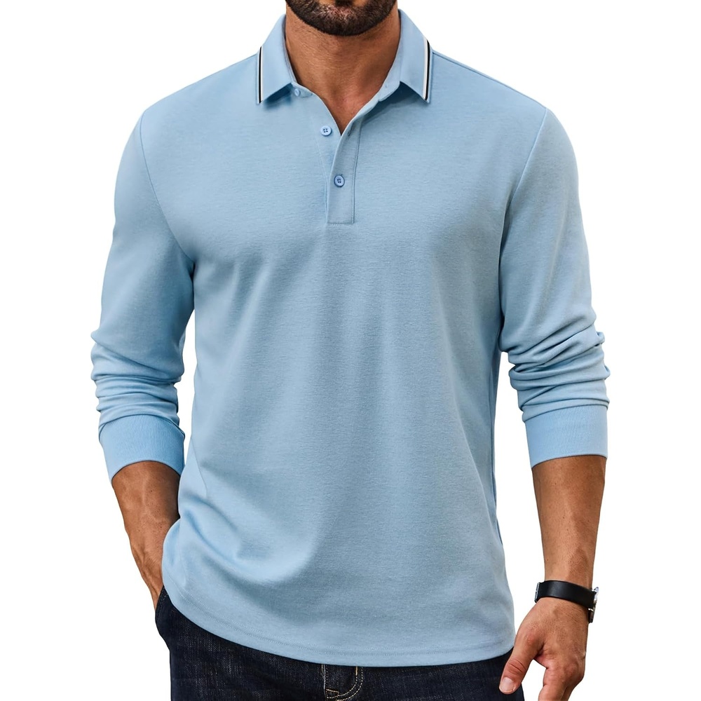 image:imageCOOFANDY Mens Long Sleeve Polo Shirts Cotton Casual Polos Button Tee ShirtLight Blue