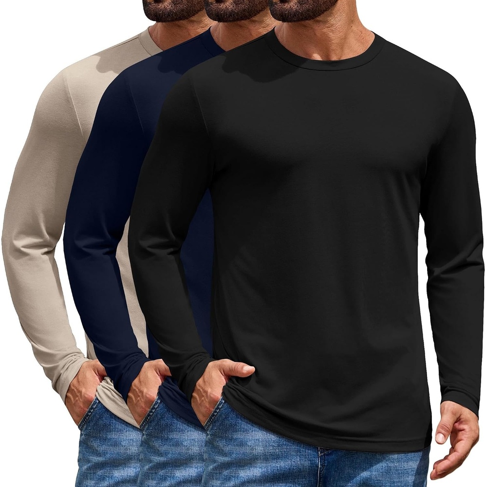 image:imageCOOFANDY Mens Long Sleeve TShirt Cotton Blend T Shirts Casual Crew Neck Basic Tee Soft Classic Regular Fit TshirtsBlackBlue VioletLight Khaki 3 Pack