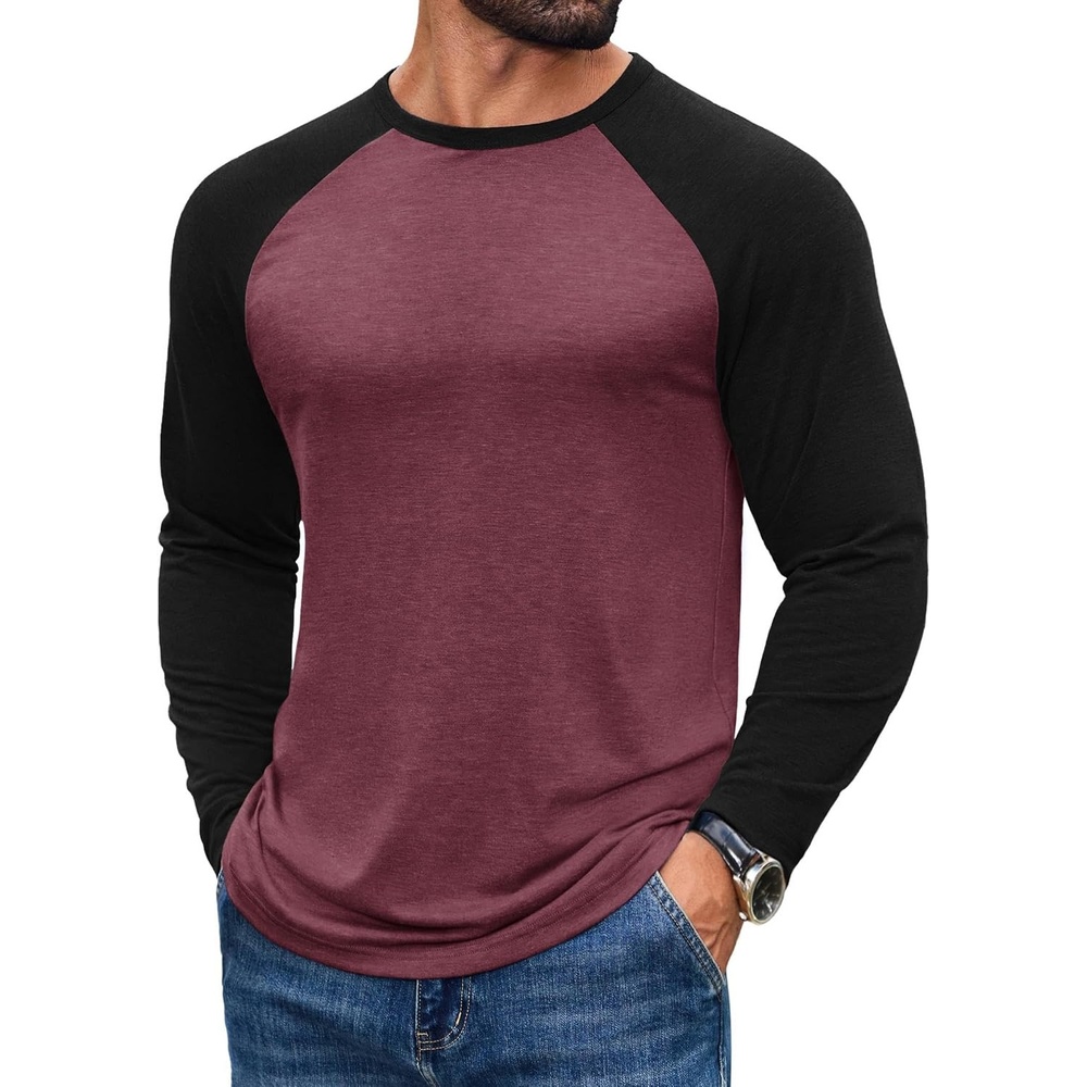 image:imageCOOFANDY Mens Long Sleeve Tee Shirts Casual Crewneck Raglan TShirts Stretchy Baseball Pullover TeeJujube Red