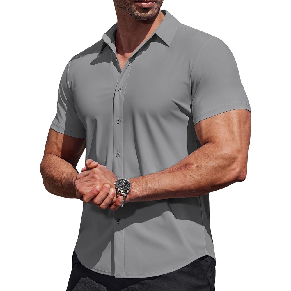image:imageCOOFANDY Mens Muscle Fit Dress Shirts Stretch Wrinkle Free Short Sleeve Button Down Shirt Casual Solid Untucked ShirtLight Grey