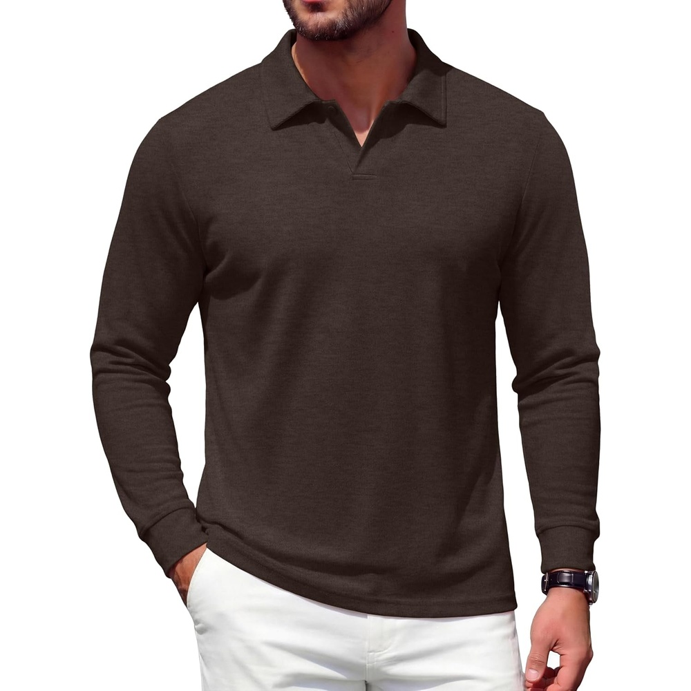 image:imageCOOFANDY Mens Polo Shirts Casual Long Sleeve Knit Polo Sweater Golf ShirtsBrown