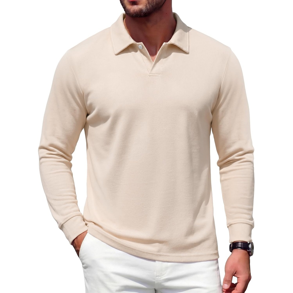 image:imageCOOFANDY Mens Polo Shirts Casual Long Sleeve Knit Polo Sweater Golf ShirtsCream White