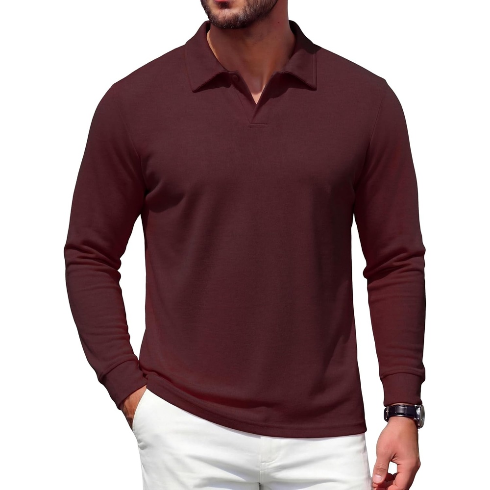 image:imageCOOFANDY Mens Polo Shirts Casual Long Sleeve Knit Polo Sweater Golf ShirtsWine Red