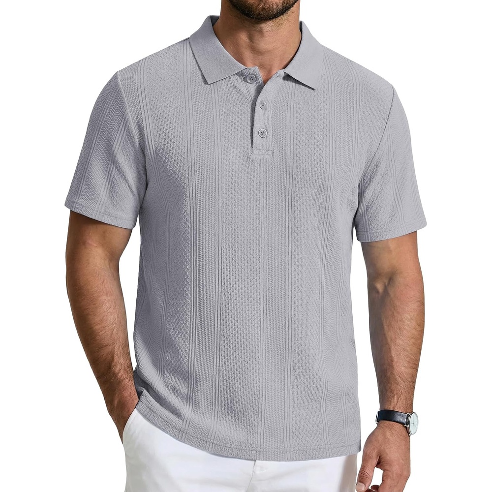 image:imageCOOFANDY Mens Polo Shirts Short Sleeve Casual Knit Textured Summer ShirtLight Grey