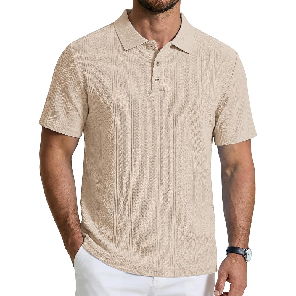image:imageCOOFANDY Mens Polo Shirts Short Sleeve Casual Knit Textured Summer ShirtLight Khaki