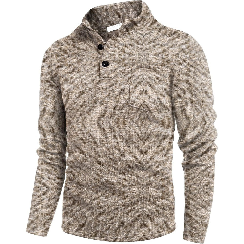 image:imageCOOFANDY Mens Quarter Button Pullover Sweater Mock Neck Thermal FleeceLight Khaki