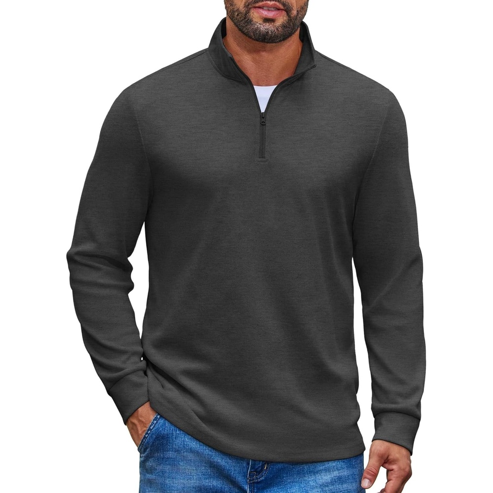 image:imageCOOFANDY Mens Quarter Zip Pullover Casual Long Sleeve Knit Mock Neck Sweatshirt Lightweight Polo SweaterDark Gray