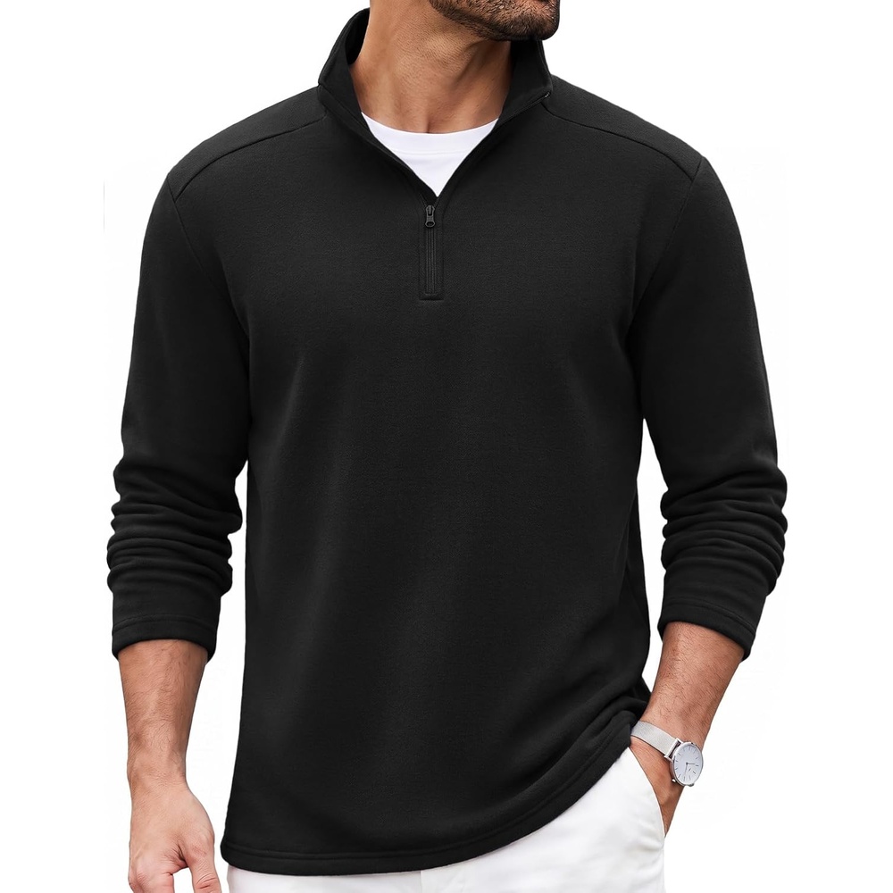 image:imageCOOFANDY Mens Quarter Zip Pullover Casual Mock Neck Sweatshirt Premium Cotton Long Sleeve ShirtsBlack