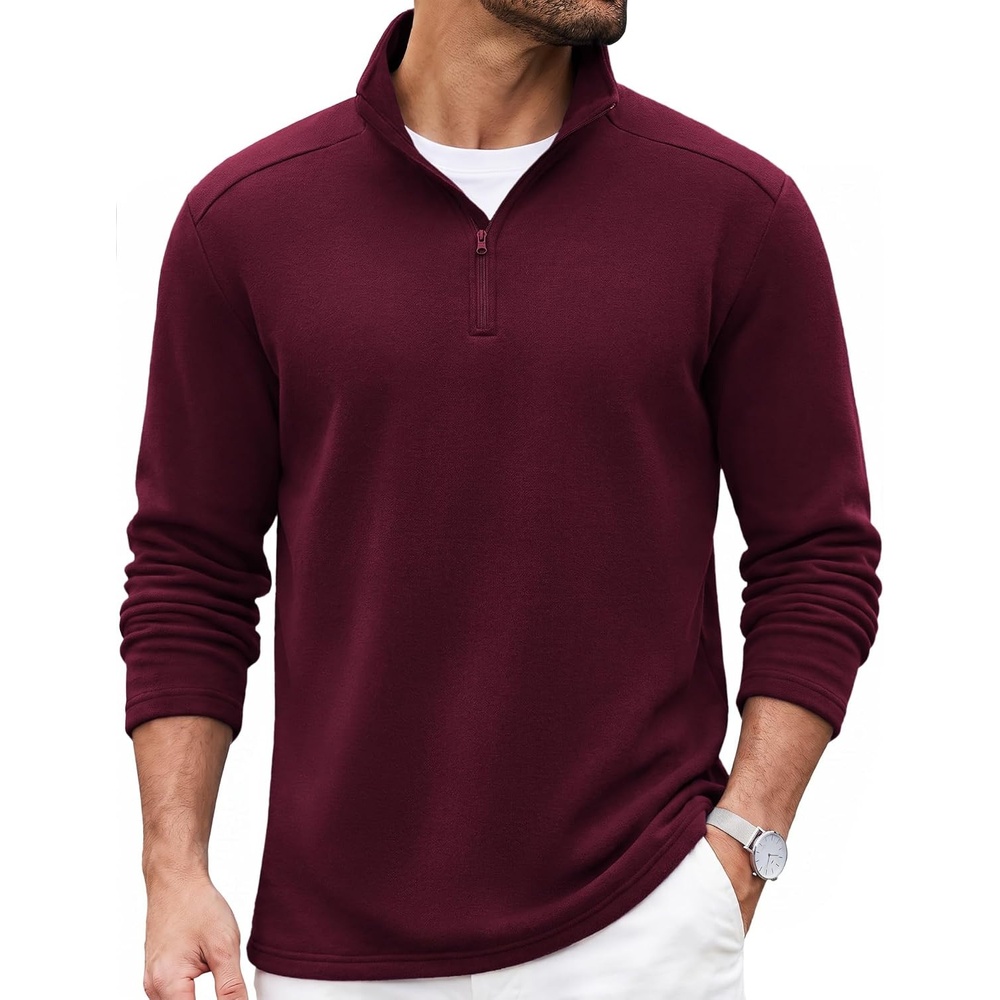 image:imageCOOFANDY Mens Quarter Zip Pullover Casual Mock Neck Sweatshirt Premium Cotton Long Sleeve ShirtsDark Red