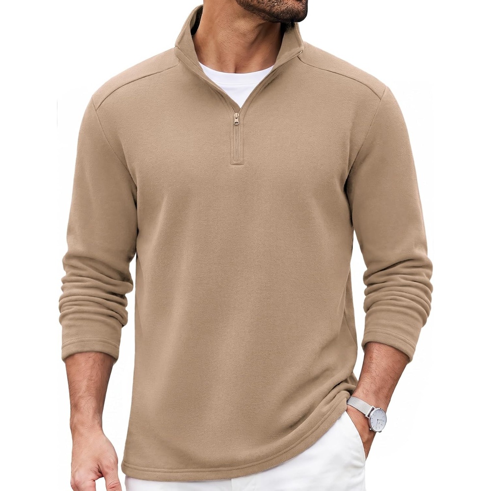 image:imageCOOFANDY Mens Quarter Zip Pullover Casual Mock Neck Sweatshirt Premium Cotton Long Sleeve ShirtsKhaki