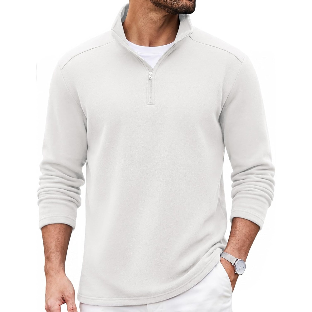 image:imageCOOFANDY Mens Quarter Zip Pullover Casual Mock Neck Sweatshirt Premium Cotton Long Sleeve ShirtsWhite