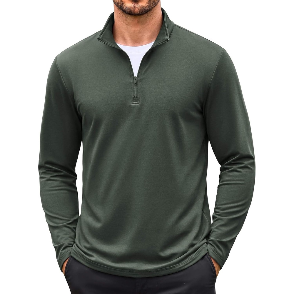 image:imageCOOFANDY Mens Quarter Zip Pullover Long Sleeve Sweatshirt 14 Zip Golf Shirt Thin Fleece Lined Pullover Thermal Winter TopsArmy Green