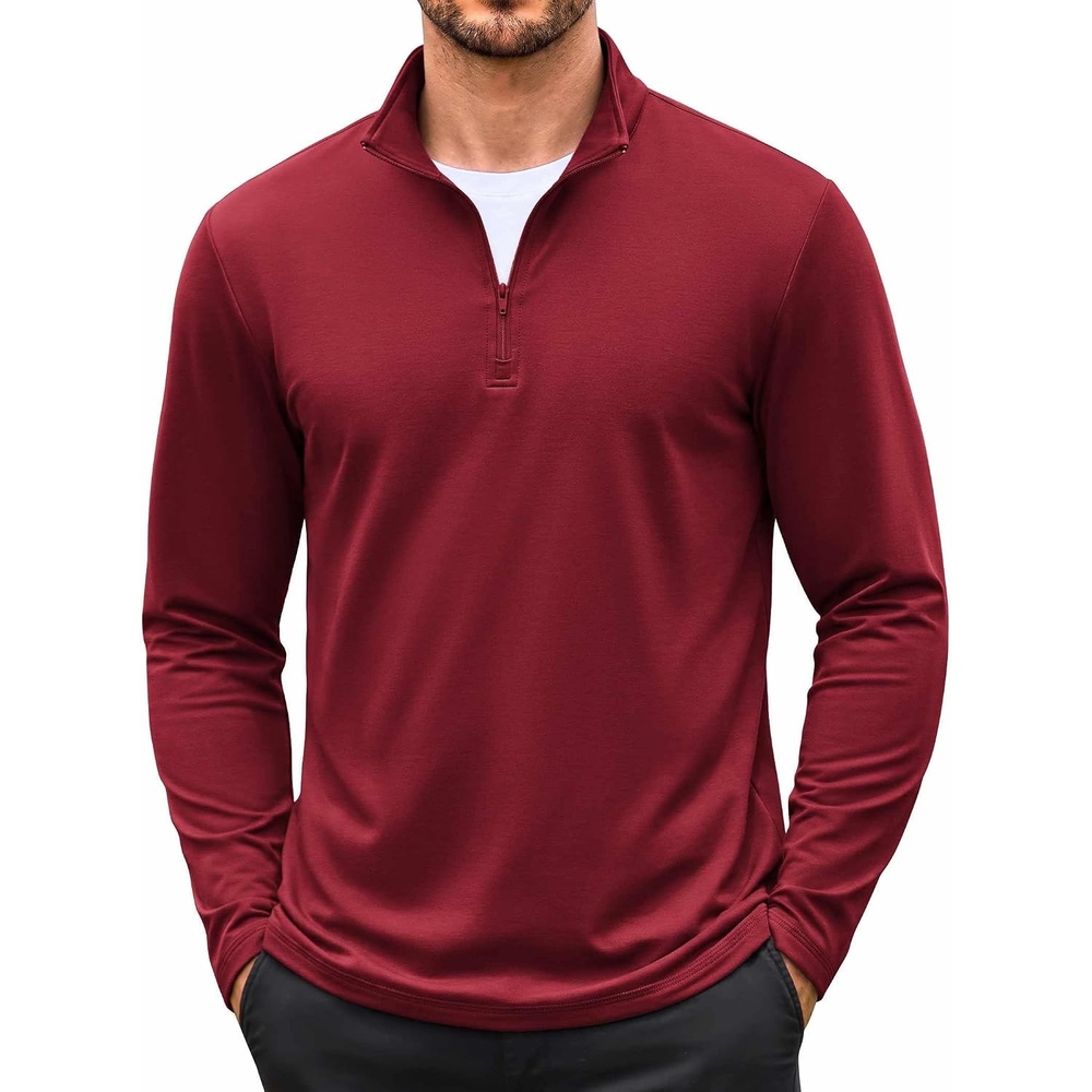 image:imageCOOFANDY Mens Quarter Zip Pullover Long Sleeve Sweatshirt 14 Zip Golf Shirt Thin Fleece Lined Pullover Thermal Winter TopsWine Red
