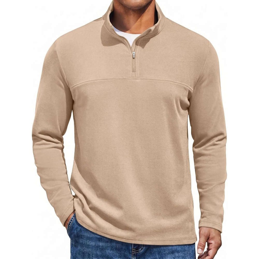 image:imageCOOFANDY Mens Quarter Zip Pullover Sweater Mock Neck Sweatshirt Casual PoloKhaki