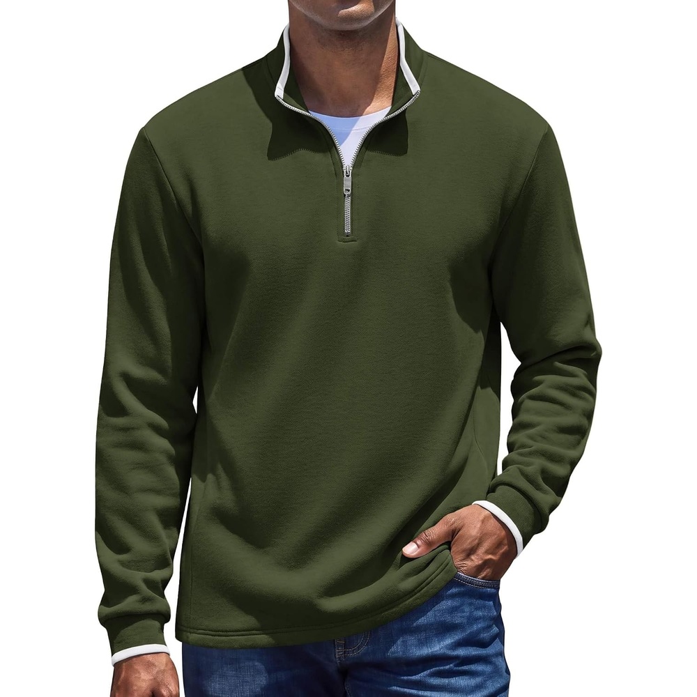 image:imageCOOFANDY Mens Quarter Zip Pullover Sweatshirt Casual Rib Mock Neck SweaterArmy Green