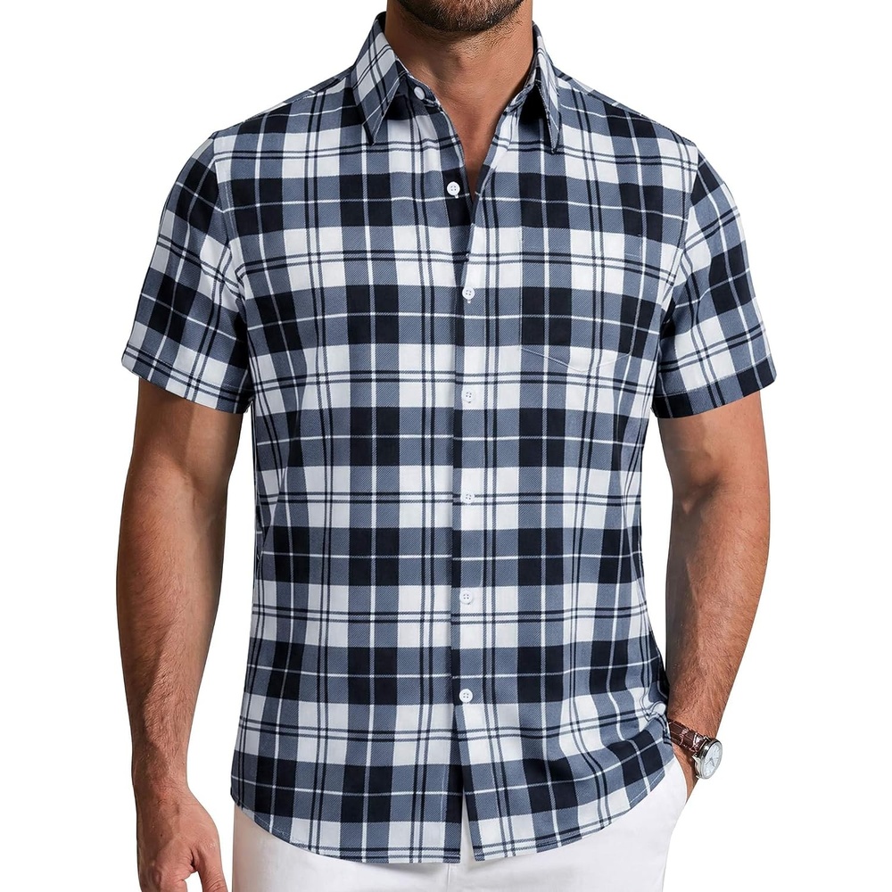 image:imageCOOFANDY Mens Short Sleeve Button Down Shirts Plaid Summer Dress Shirt with Pocket Business Casual Outfits for MenBlack White Plaid