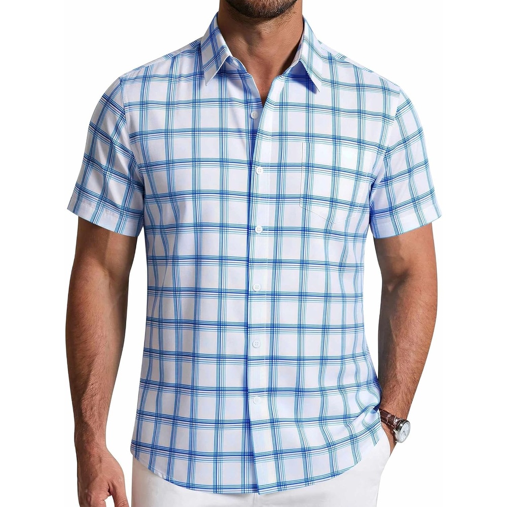 image:imageCOOFANDY Mens Short Sleeve Button Down Shirts Plaid Summer Dress Shirt with Pocket Business Casual Outfits for MenBlue White Plaid