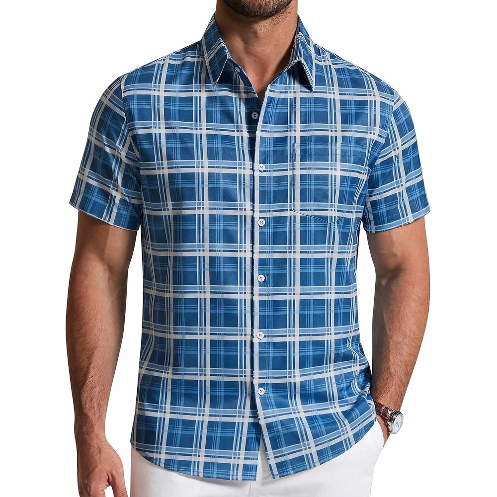 image:imageCOOFANDY Mens Short Sleeve Button Down Shirts Plaid Summer Dress Shirt with Pocket Business Casual Outfits for MenDark Blue Plaid