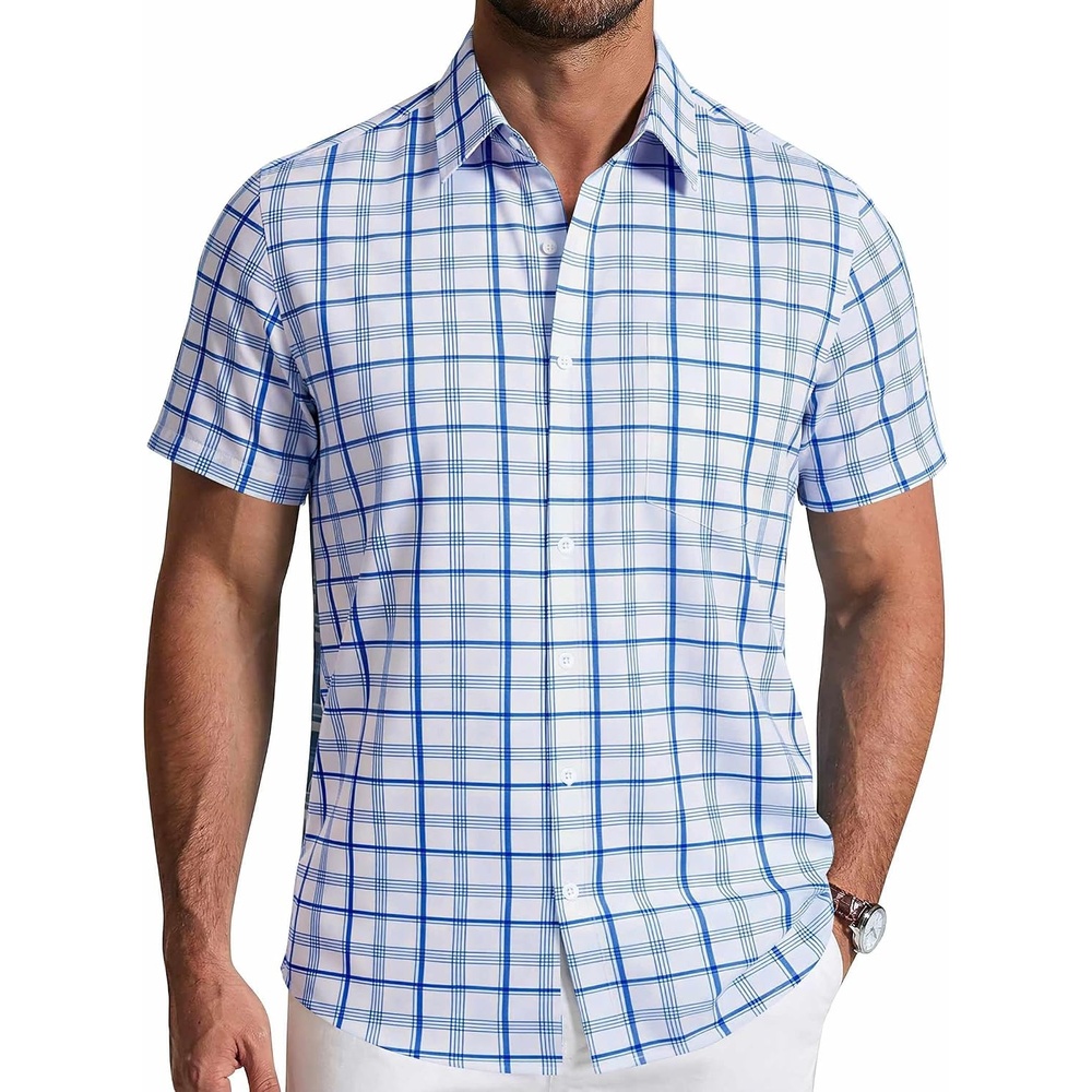 image:imageCOOFANDY Mens Short Sleeve Button Down Shirts Plaid Summer Dress Shirt with Pocket Business Casual Outfits for MenDark Blue White