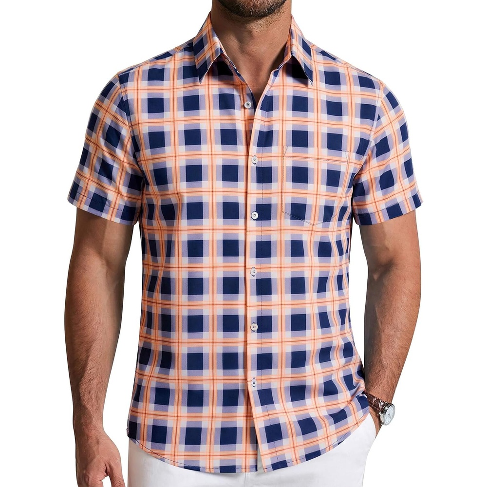 image:imageCOOFANDY Mens Short Sleeve Button Down Shirts Plaid Summer Dress Shirt with Pocket Business Casual Outfits for MenNavy Orange Plaid