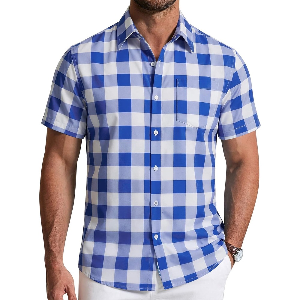 image:imageCOOFANDY Mens Short Sleeve Button Down Shirts Plaid Summer Dress Shirt with Pocket Business Casual Outfits for MenNavy White Check