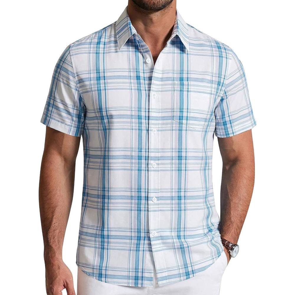 image:imageCOOFANDY Mens Short Sleeve Button Down Shirts Plaid Summer Dress Shirt with Pocket Business Casual Outfits for MenWhite Blue Plaid