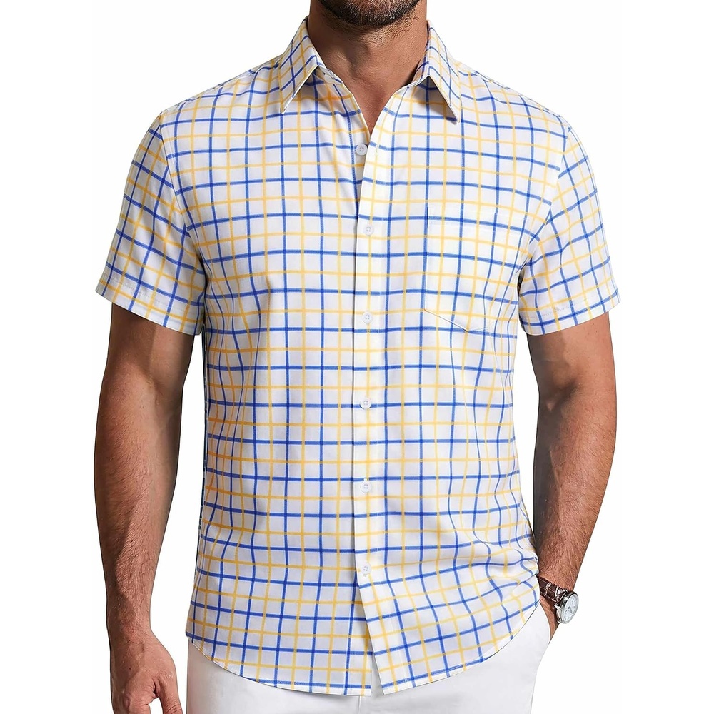 image:imageCOOFANDY Mens Short Sleeve Button Down Shirts Plaid Summer Dress Shirt with Pocket Business Casual Outfits for MenYellow Plaid