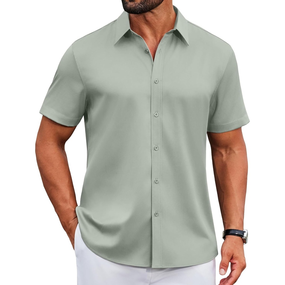 image:imageCOOFANDY Mens Untucked Dress Shirts Short Sleeve Casual Button Down ShirtLight Green