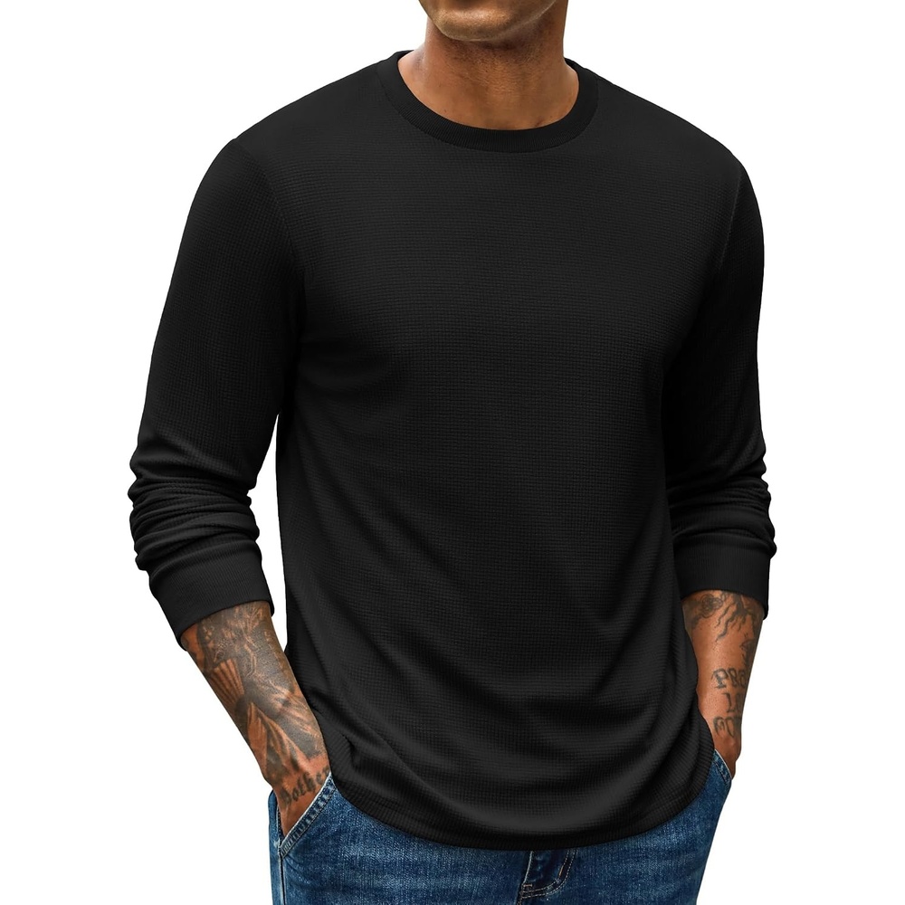 image:imageCOOFANDY Mens Waffle Thermal Long Sleeve Shirts Casual Crew Neck T ShirtAll Black