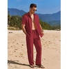 COOFANDY Men’s 2 Piece Casual Beach Set Button Down Shirt and Loose Pants(Wine Red)
