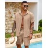COOFANDY Men’s 2 Piece Outfits Cuban Guayabera Shirts and Shorts Summer Set(Khaki)