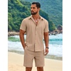 COOFANDY Men’s 2 Piece Outfits Cuban Guayabera Shirts and Shorts Summer Set(Khaki)