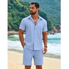 COOFANDY Men’s 2 Piece Outfits Cuban Guayabera Shirts and Shorts Summer Set(Light Blue)